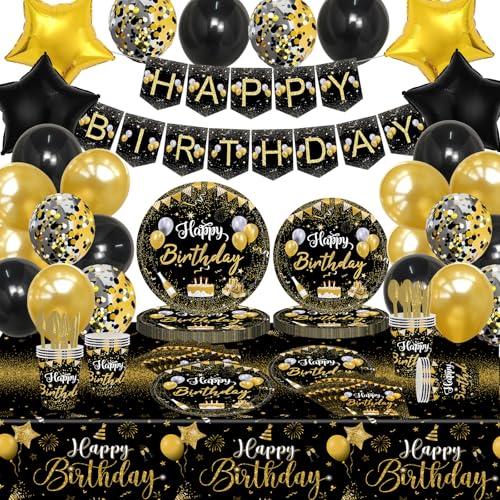Lousuip 219Pcs Gold & Black Birthday Party Supplies: Plates, Napkins, Cups, Tableware, Banner, Tablecloth, Balloons - Serves 24