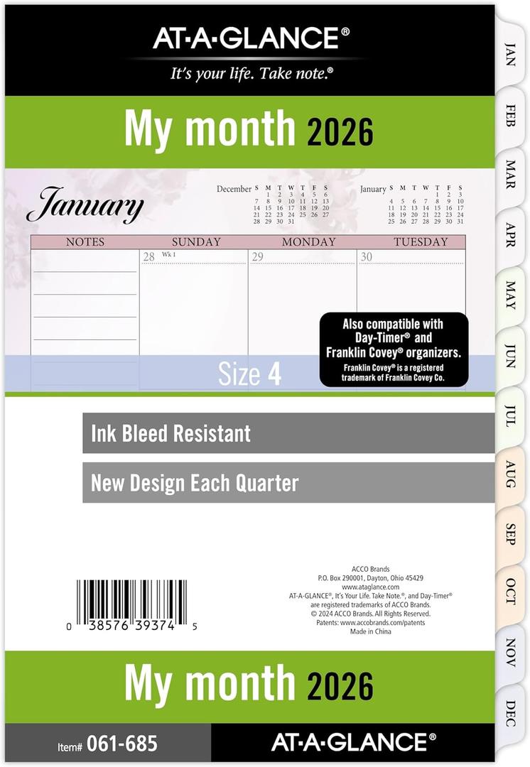 4 x AT-A-GLANCE 2026 Planner Refill, Monthly, 5-1/2" x 8-1/2", Desk Size 4, Loose-Leaf, Unruled Blocks, Nature (061-685-26)