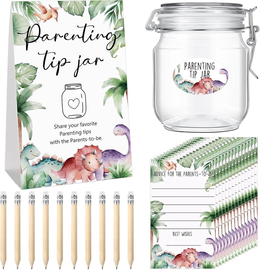 Roowest Baby Shower to Baby Advice Cards for New Parents to Be - Tip Jar Sign for New Parents 60 Parenting Advice Cards 10 HB Pencils 2 Cute Stickers 1 Pet Bottle for Guests Games(Dinosaur)