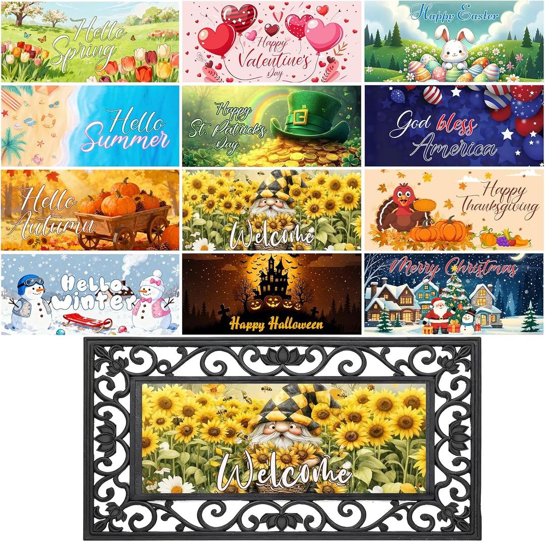 12PCS Interchangeable Doormat Inserts Seasonal Welcome Mats 22" x 10" Outdoor Indoor Door Mat Set for Spring Summer Fall Winter, Holiday Decor for Front Door, Christmas Halloween Thanksgiving