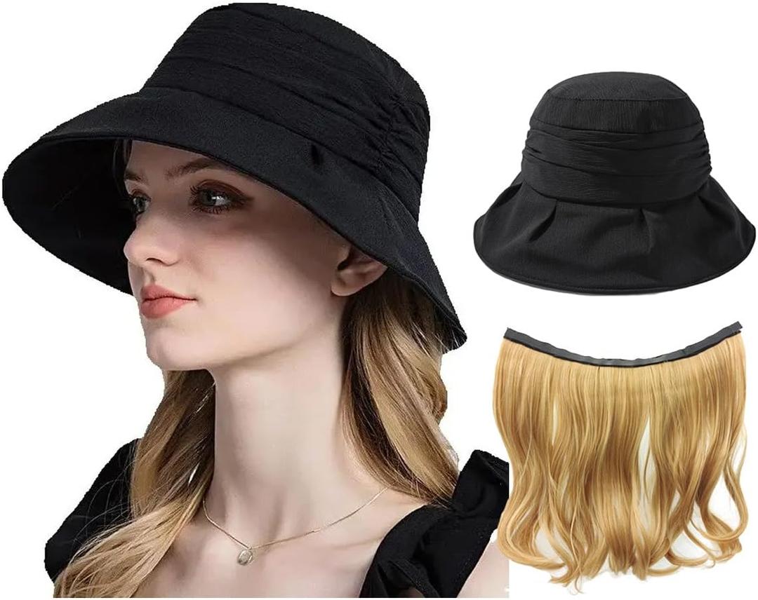 Summer Women's Beach Sun Hat, Wide Brim Sun Protection, Lightweight Cotton Hat with Hair Attached via Magic Tape