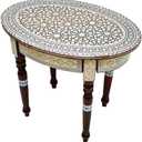 FAMA.store Morrocan Table Design Mother of Pearl Inlaid,Arabic Side Corner cofee Table for Living Room (Brown Oval)