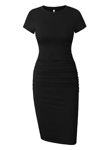 Women's Ruched Casual Sundress Knee Length Slim Fit Bodycon Dress (Black, Medium)