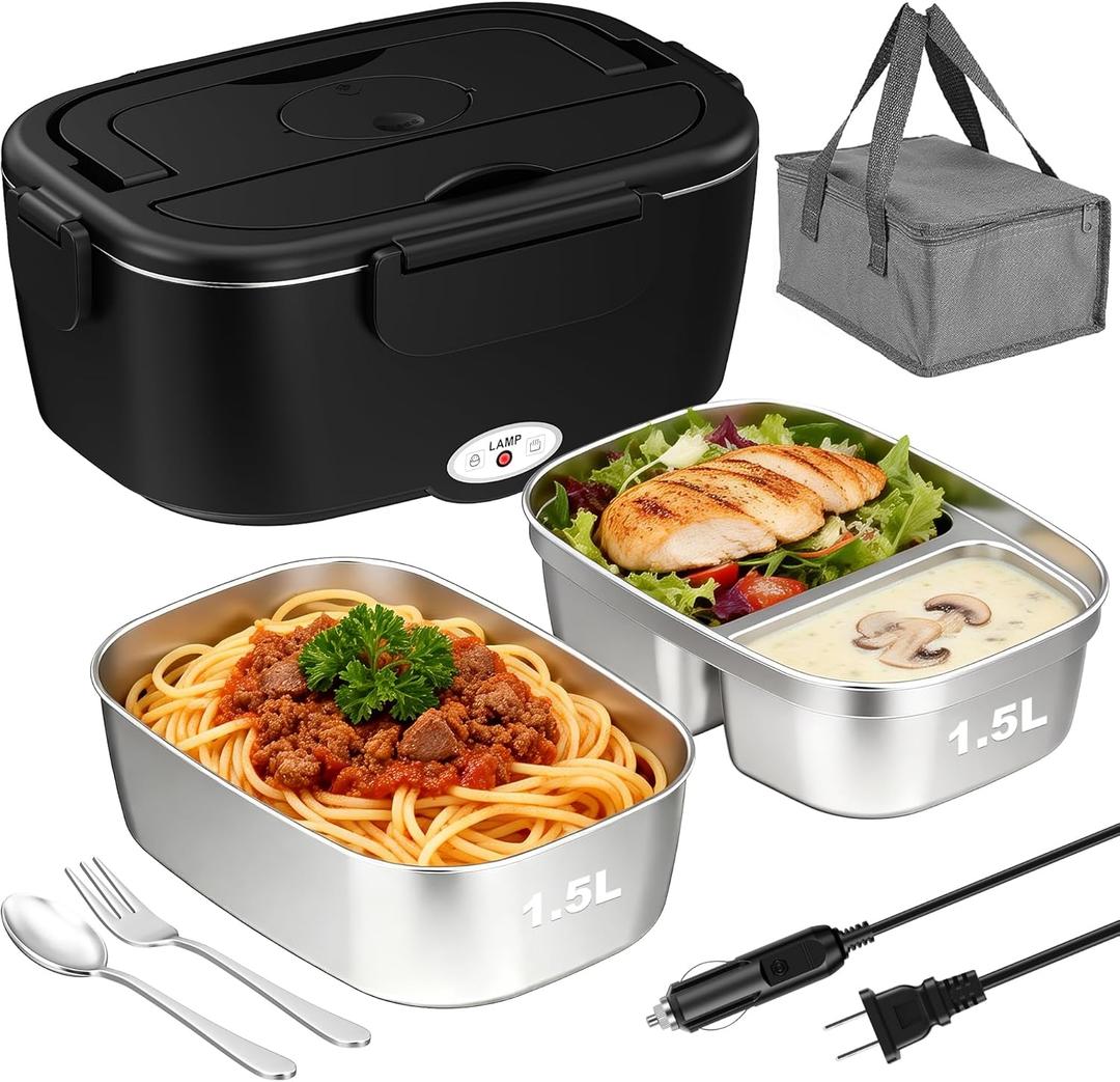 80W Electric Lunch Box Food Warmer for Car/Truck/Office, 110V/24V/12V Portable Heated Lunch Box for Adults, Dual 1.5L Stainless Steel Containers, Leak-Proof & Fast Heating, 3-in-1 Design
