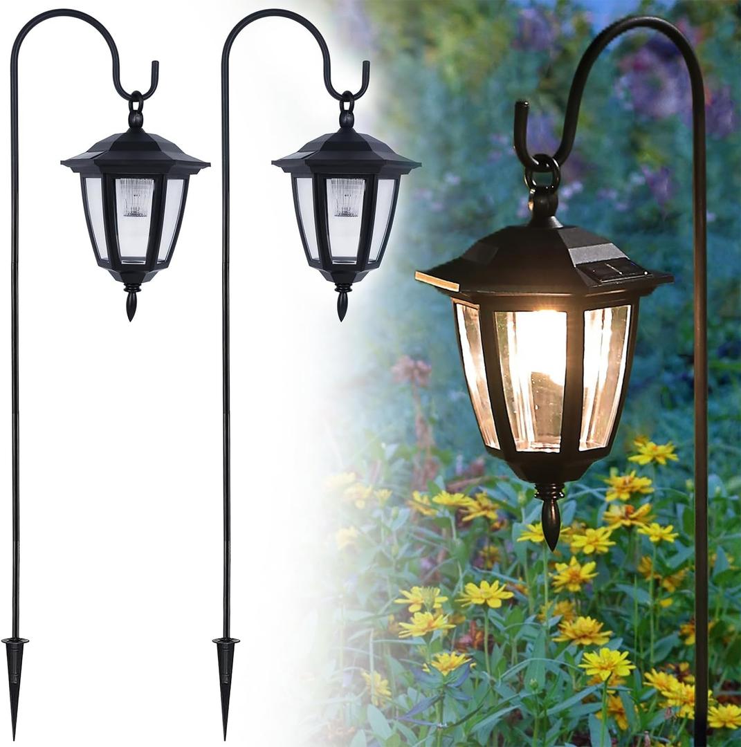 Dynaming Pack of 2 Solar Hanging Lights Outdoor, Solar Powered Garden Decorative Lanterns with 2 x 38 Inch Shepherd Hooks, Waterproof Landscape Lighting for Lawn Patio Yard Pathway Driveway, Warm White