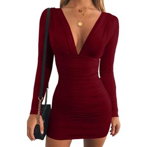 GOBLES Women's Sexy Long Sleeve V Neck Ruched Bodycon Mini Party Cocktail Dress (Wine Red, S)