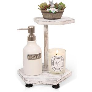 Tikea Hexagonal Wood Riser for Display, 2-Tier Wood Farmhouse Riser for Kitchen Bathroom Counter Decor, Decorative Tray for Soap Dispenser, Decorations and Plant (White)