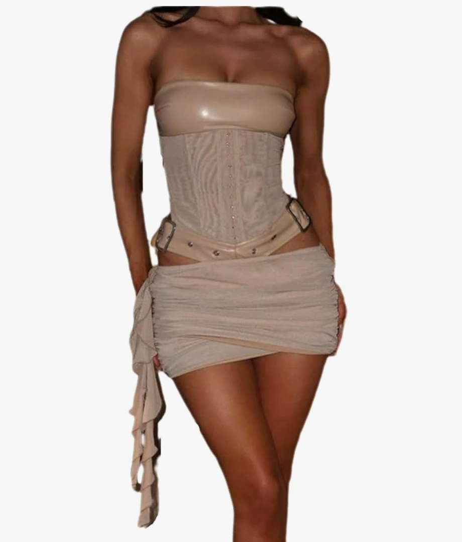 Sexy Two Piece Outfits for Women Off the Shoulder Leather Tube Top High Waist Ruched Mini Skirt Set Vacation Outfits, Size Medium