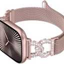 Girovo Metal Band Compatible with Apple Watch Bands for Women 42/ 44/ 45/ 46/ 49mm Stainless Steel Mesh Magnetic Classy C-shaped Diamond Strap for iWatch SE Series 10/ 9/ 8/ 7/ 6/ 5/ 4/ 3/ 2/ 1/ Ultra Pink Gold