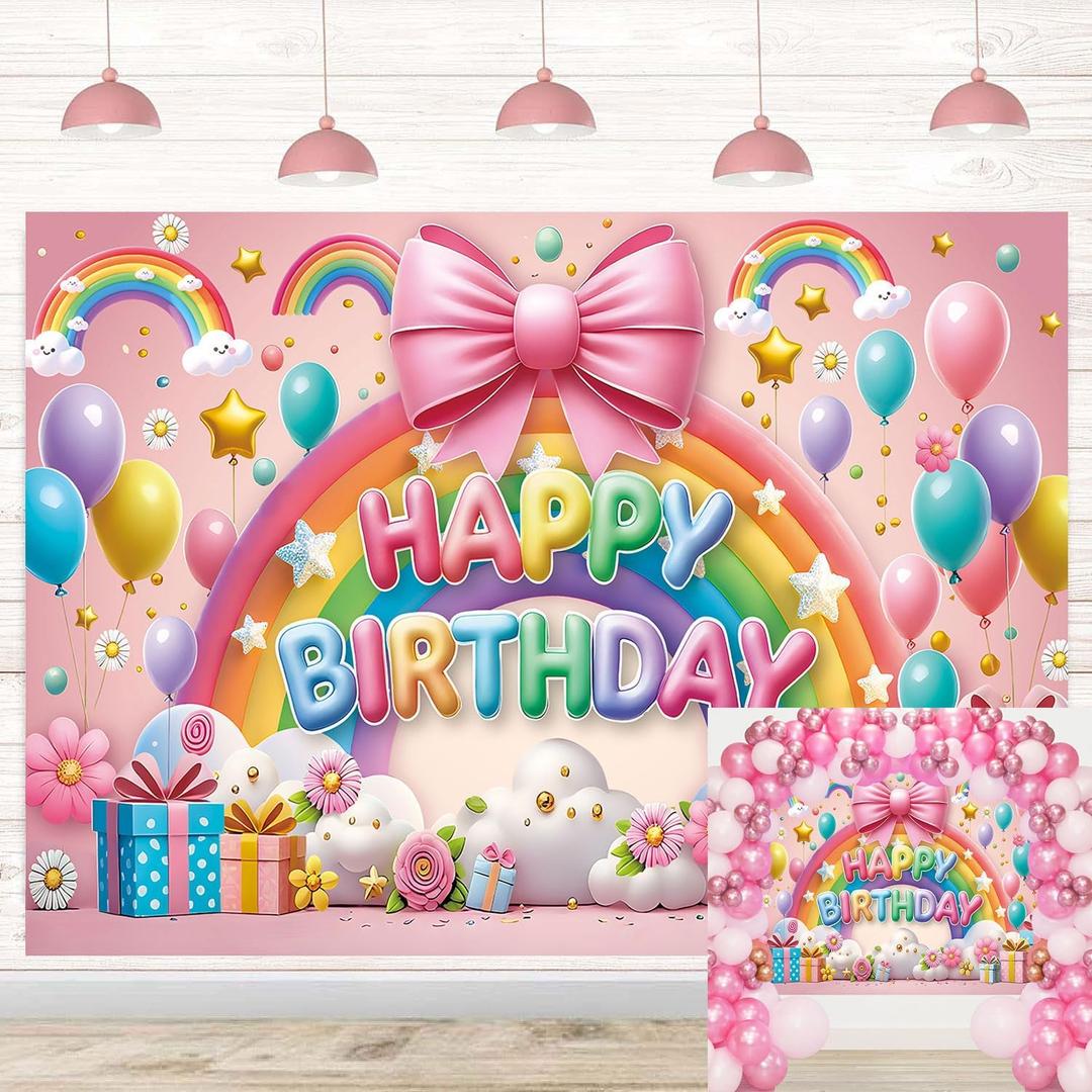 Rainbow Happy Birthday Backdrop Pink Bow Rainbow Photography Background for Girls Baby Shower Birthday Party Cake Table Decoration (8x6FT)