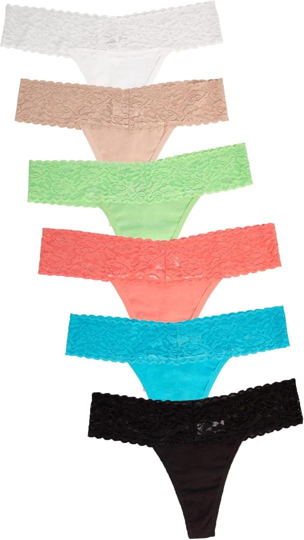 Jo & Bette Lace Thongs for Women - 6 or 12 Pack Low Rise Thongs - Lace Panties Cotton Underwear Women Sexy No Show Soft (Small)
