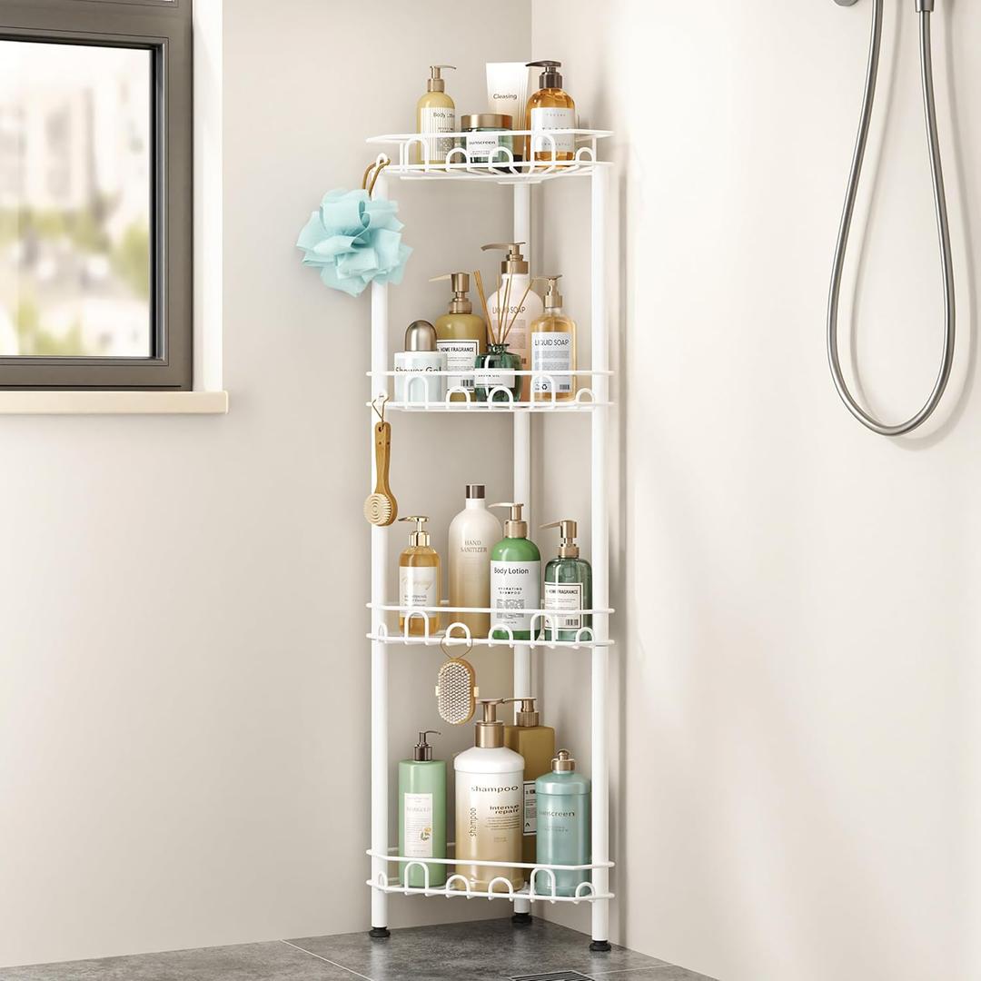 SWTYMIKI Standing Shower Caddy Corner - 4Tier Stainless Steel ShowerOrganizer Shelf with 16 Hooks and Adhesive Pads, Rustproof Corner Shelves Stand Rack for Bathroom Shower Room, white