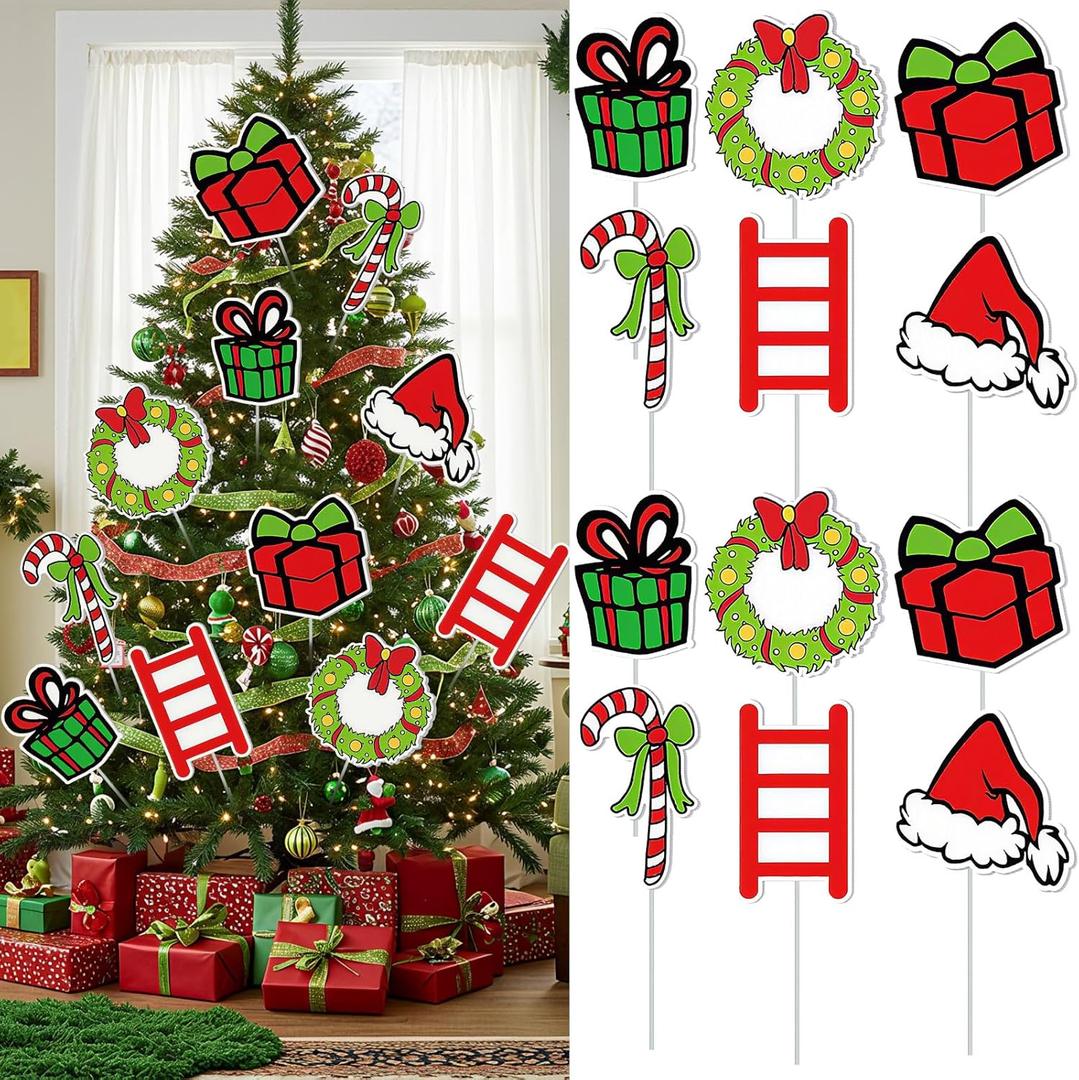 12 Pcs Large Red and Green Christmas Tree Decorations Lime Green Christmas Picks Santa Hat Candy Wreath Cutouts Picks Ornaments for Xmas Tree Vase Wreath Stairs Garland Decoration Supplies