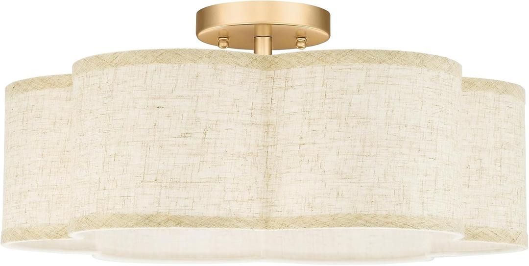 Semi Flush Mount Ceiling Lights, 6-Light 18" Gold Light Fixtures Ceiling Mount with Fabric Shade in Flower Shape, Drum Lighting Fixture for Nursery Bedroom Kitchen, AD-22007-6SF-GD-B, 18", Single Shade