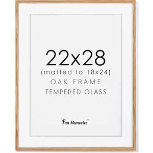 22x28 Picture Frame, 22 x 28 Poster Frame - Solid Oak Wood and Tempered Real Glass, 22"x28" Wood Frame, 22x28 Picture Frame Matted to 18x24, 22 by 28 Art Frame, Natural Oak Color, 22x28 - 1P