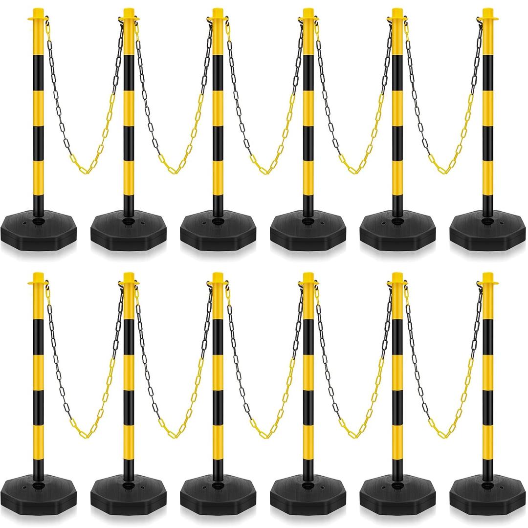 Traffic Delineator Post Cone, Plastic Stanchion Post Set Crowd Control Stands Barrier with 6.6 ft Link Chain and S Hooks for Parking Lot Construction Caution Roads, Yellow, Black (12 Sets)