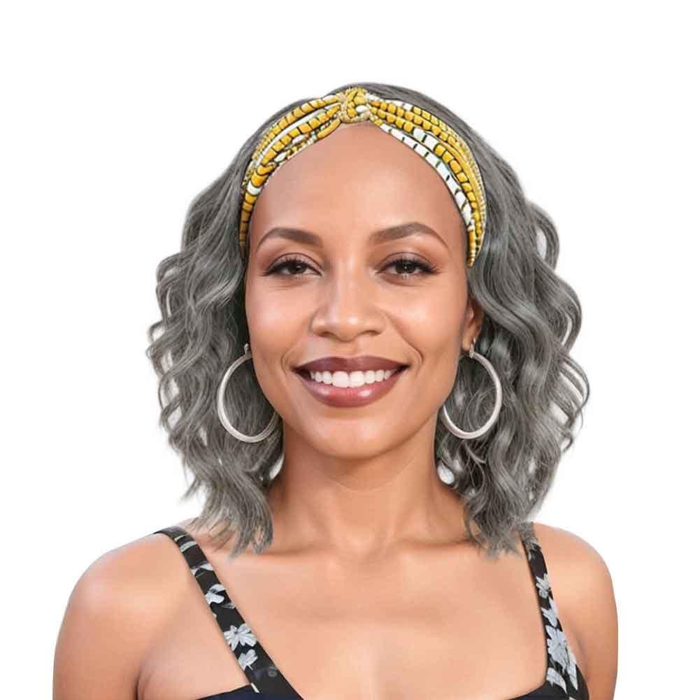Silver Grey Wavy Headband Wig For Black Women Curly Half Wigs With Headband Attached Synthetic Wrap Wigs For Women(Gray)
