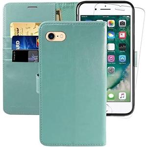 MONASAY Case Compatible for iPhone SE 2022/2020 5G,iPhone 7/8 Wallet Case,4.7-inch, [Glass Screen Protector] Flip Folio Leather Cell Phone Cover with Credit Card Holder, Mint
