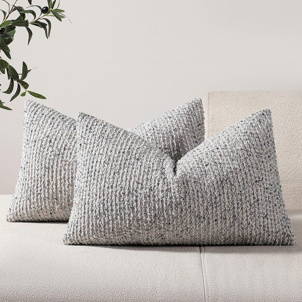 DEZENE Striped Throw Pillow Covers 12x20 Set of 2 Blue Textured Boucle Chic Morden Boho Accent Farmhouse Rectangular Lumbar Decorative Couch Pillow Covers for Home Decor Bed Sofa Living Room