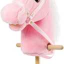 HollyHOME Plush Unicorn Stick Horse with Wood Wheels Real Pony Neighing and Galloping Sounds Plush Toy Pink 37 Inches(AA Batteries Required)