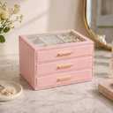 GUOER Jewelry Box for Women, Glass Lid Jewelry Organizer with 3 Drawers PU Jewelry Storage Case for Necklaces Rings Earrings Bracelets (Pink)