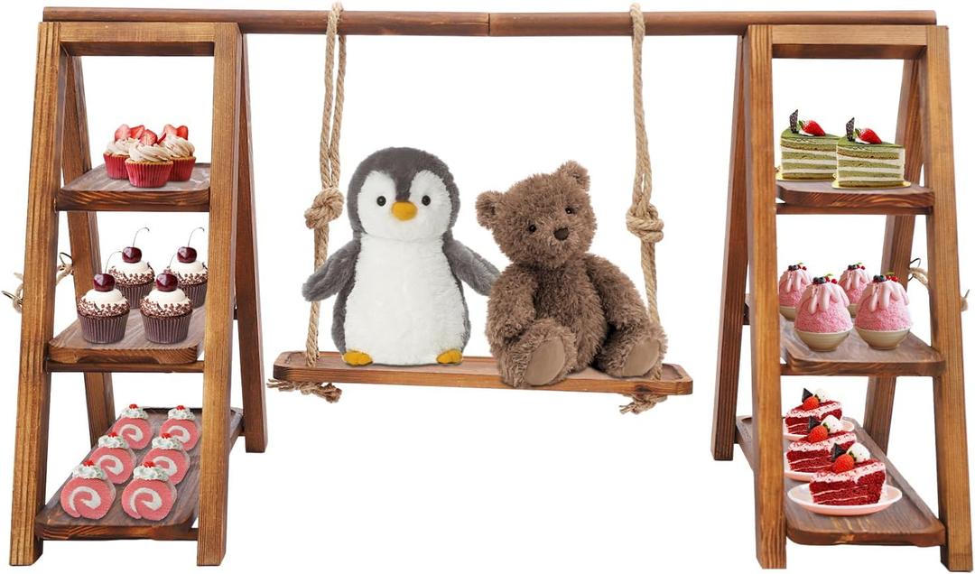 3-Tier Wooden Swing Cupcake with Serving, Dessert Stand with Adjustable Trays - Rustic Farmhouse Serving Tray for Cakes, Cupcakes, Candy Display | Sturdy 13.23lbs, Party, Birthday & Wedding Decor