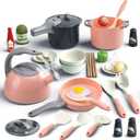 Bruvoalon 32Pcs Kids Play Kitchen Toys Set, Toddlers Pretend Cooking Playset Acccessories with Pots Pans, Utensils Cookware, Foods, Canned Veges, Learning Gift for Kids Girls Boys (Pink)