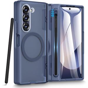 Caka for Samsung Galaxy Z Fold 6 Case [Thinner S Pen Holder Slot] [Magnetic Charging] [Hinge Protection] [Built-in Screen Protector] Translucent Hard Shockproof Magnet Phone Cover for Fold6 - Blue