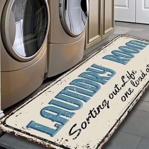 Farmhouse Laundry Room Rug Runner Non Skid Machine Washable Area Rugs Laundry Decor for Kitchen, Bath, Washroom Letter Light Blue40x20in