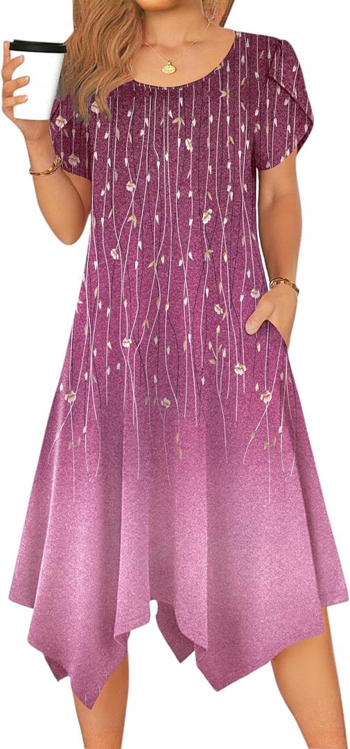 Zeagoo Womens Casual Dress for Summer Short Sleeve Loose Flowy Beach Dress with Pockets Hankerchief Flare Midi Sundress 2026 (XXL)