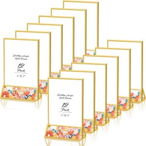 5x7 Acrylic Sign Holder Gold Picture Frame Plastic Stands for Display Double Sided Clear Paper Holder Ideal for Table Top Wedding Sign Table Numbers Flyer Holder QR Code, 12 Packs