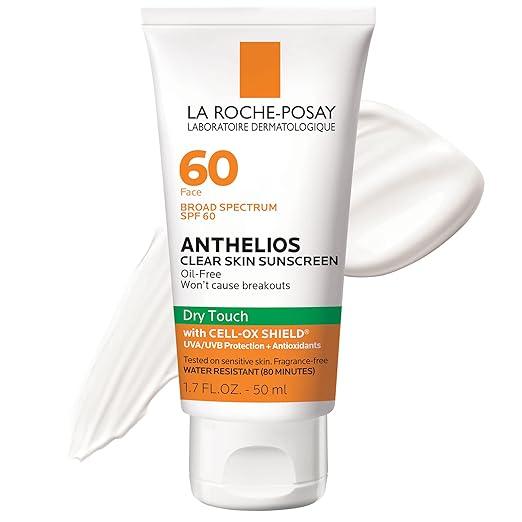La RochePosay Anthelios Clear Skin Sunscreen Dry Touch SPF 60, Oil Free Sunscreen For Face, Oil Absorbing, Broad Spectrum SPF + Antioxidants, NonGreasy, Oxybenzone Free, Travel Size 03/2028