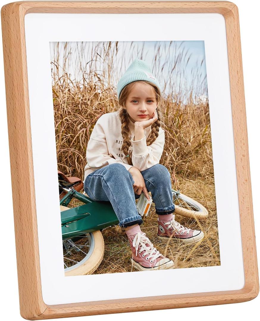 Picture Frame 8x10 inch, Natural Beech Wood Photo Frame Displays 6x8 Inch with Mat or 10x8 without Mat, with High Clear Acrylic, Landscape or Portrait Orientation, Wall-Mount & Tabletop