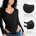 Upushall Long Sleeve Bodysuits for Women Sexy Thong V Neck Body Suits Double Lined Bodysuit, Black S (Black, S)