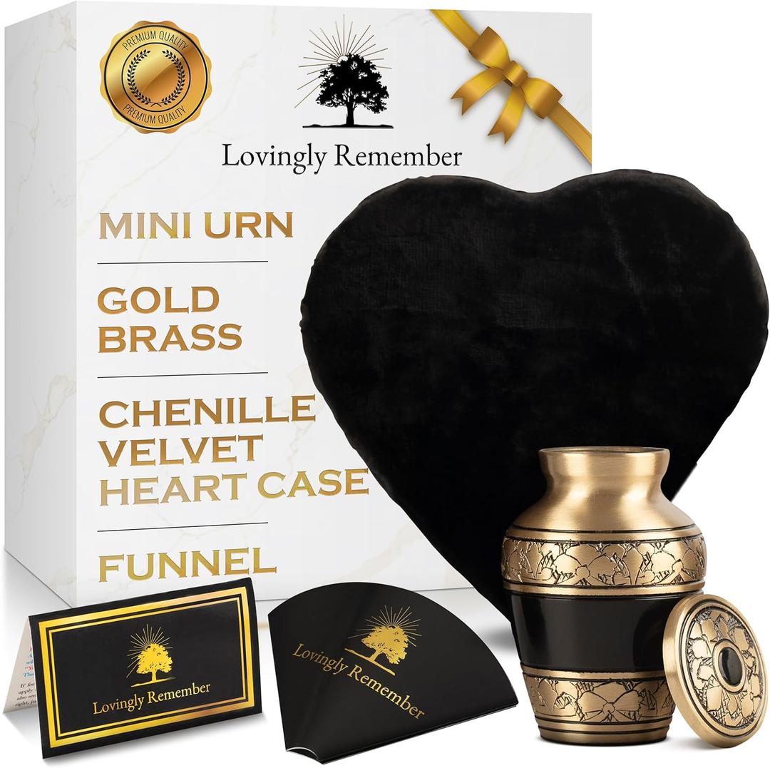 Mini Urns for Human Ashes Keepsake  Gold Brass and Chenille Velvet Heart Case