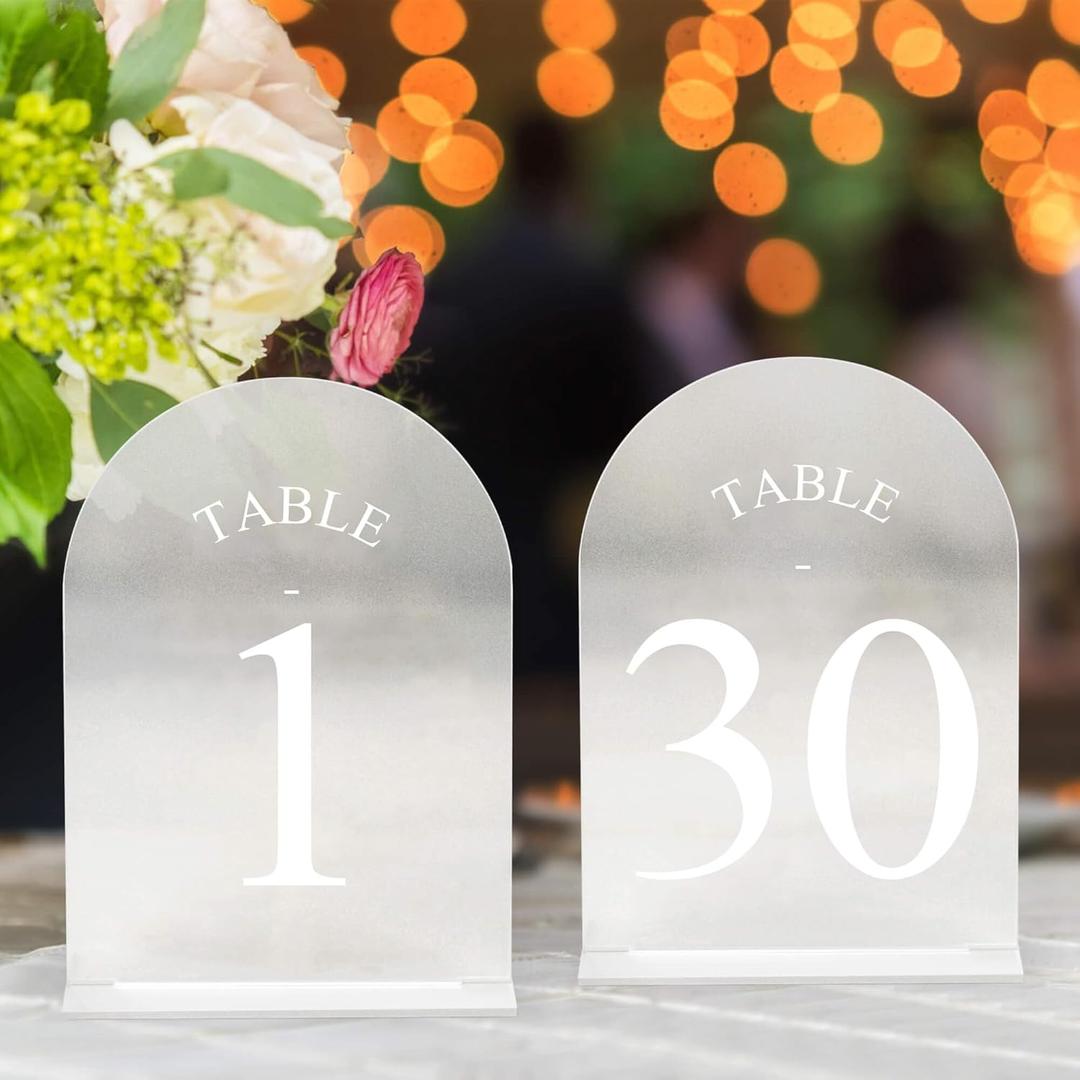 JOYIT Frosted Arch Wedding Table Numbers 1-30 with Stands - 5" X 7" Acrylic Sign Table Number Holders, Perfect for Wedding Receptions, Parties, Anniversaries, and Events (Frosted White Font)