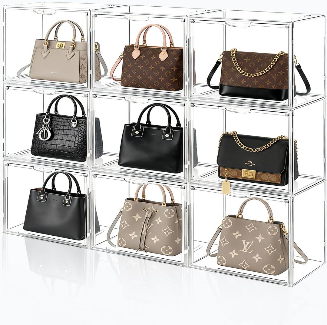 6 Pack Acrylic Purse Organizer for Closet, Stackable Clear Handbag Storage Bins with Magnetic Doors, Display Case for Purses, Hats, Books, and Collectibles 14.2"L x 11"W x 8.56"H