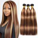 BilltiiWW P427 Straight Bundles Human Hair Highlight Straight Bundles Brown and Blonde Double Weft Brazilian Human Hair Extensions Soft and Silky for Black Women 22 24 26 Inch