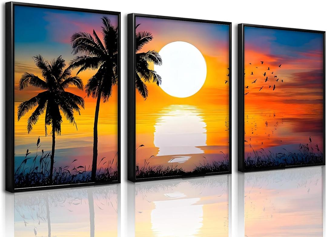 3 PCS Beach Picture Wall Art for Home Decor Beach Poster Summer Wall Decor Sunrise and Sunset Beach Canvas Prints for Living Room Decorations 16 24 in*3(Unframed)