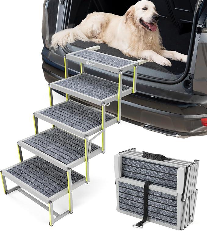 Veehoo Dog Stairs for Car, Aluminum Folding Dog Steps for Cars Truck and SUV, Portable Dog Car Ramp for Large Dogs with Non-Slip Surface, Supports Up to 200 Lb, 5 Steps