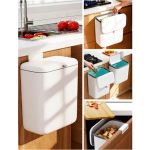 Wall Mounted Kitchen Compost Bin with Lid, Hanging Trash Can for Cabinet Door, White Plastic Food Scrap Bin for Kitchen Counter and Under Sink, 3.3 Gal