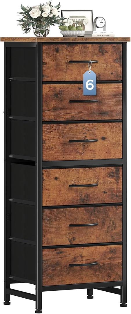 DUMOS 6 Drawers Dresser for Bedroom with Wheels, Fabric Storage Cabinet Organizer with Removable Fabric Bins, Sturdy Steel Frame for Living Room, Office, Entryway, Closets, Brown, 11.8"D x 15.7"W x 39.4"H