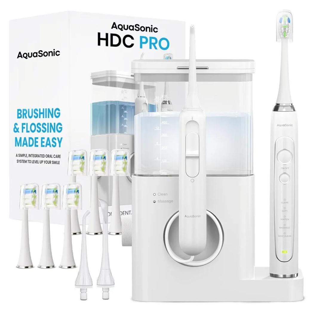AquaSonic Home Dental Center PRO – Brushing & Flossing Made Easy – Brush & Floss – Power Toothbrush & Water Flosser – Whiter Teeth & Healthier Gums