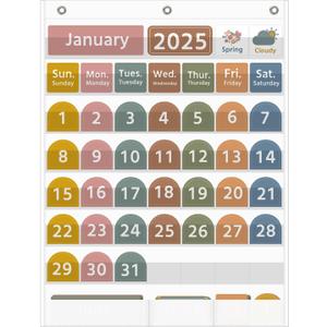 REGELETO Large White Calendar Pocket Chart with Boho 96 Cards for Classroom, Size:32.25 x 24.13 inch Monthly Calendar and Weather Pocket Chart for Kids Learning for Home or KindergartenWhite