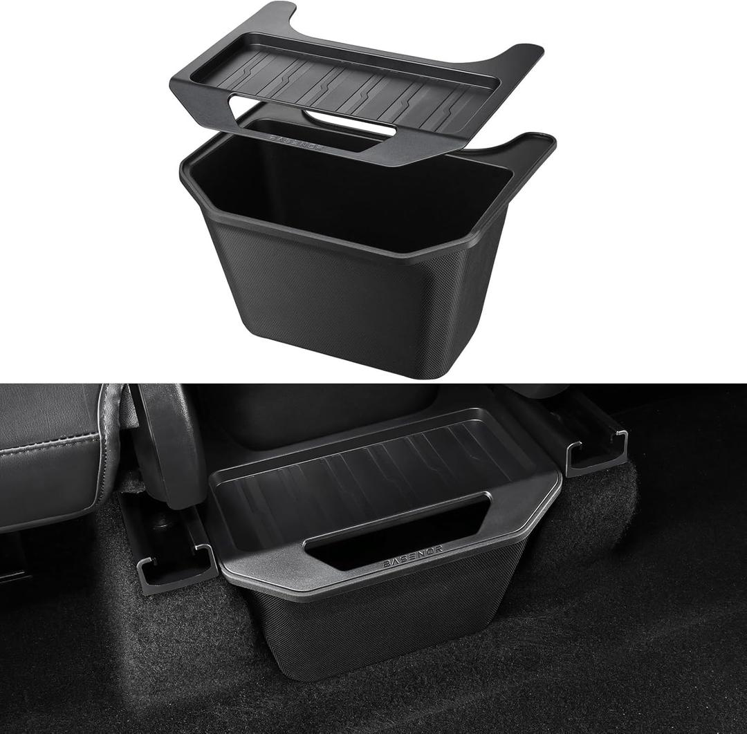 BASENOR 2025 2026 Tesla Model Y Trash Can, Rear Center Console Organizer with Anti-Slip Lid Cover, Rear Bin Backseat Storage Box Garbage Can for 2020-2026 Model Y Juniper Launch Accessories