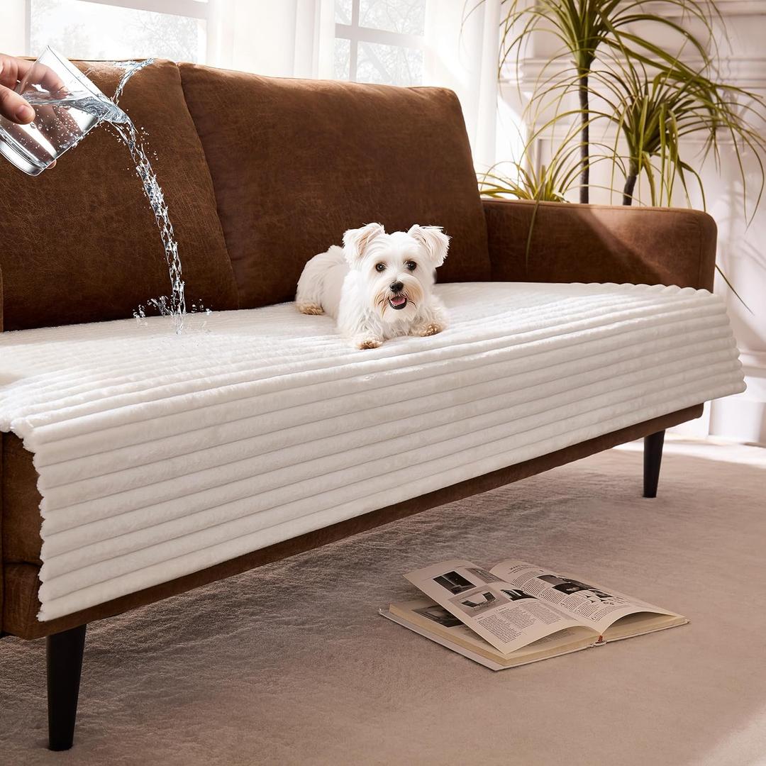 Dual Non-Slip Couch Cover for Dogs Waterproof, Fuzzy Soft Pet Couch Covers for Sofa 3 Cushion, Pet Friendly Soft Dog Bed Covers Sofa Cover Washable (White, 33" x 85" 1 Pack)