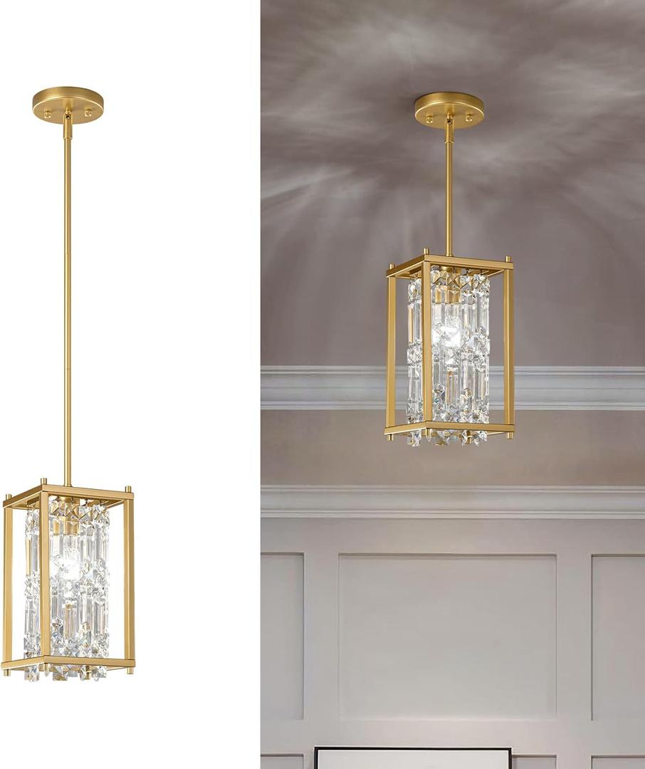 LMQNINE Dining Room Light Fixture Semi Flush Mount Ceiling Light, Industrial Farmhouse Chandelier Gold Metal Crystal Pendant Light for Hallway Balcony Kitchen Island (Square 1-Light) (Square-6.29in)