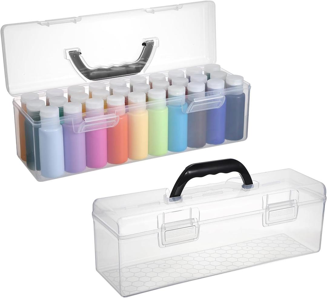 2 PCS Clear Acrylic Paint Storage Box with Handle, Portable Craft Paint Storage Organizer, Plastic Craft Art Supply Box, 30 Bottle Capacity Clear Organizer for 2 fl. oz Apple Barrel Paints