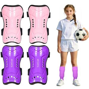Kids Soccer Shin Guards 2 Pairs Youth Soccer Gear with Straps Protective Shin Pads for Boys and Girls Toddler Soccer Equipment (Small, Dust Pink+Purple)