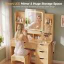 Vanity Desk with Mirror and Lights, Makeup Vanity Table with Large 6 Drawers Modern Fluted Wooden Dressing Table with Jewelry Hook 3 Color Modes Adjustable LED Mirror for Women Girls Room or Dorm